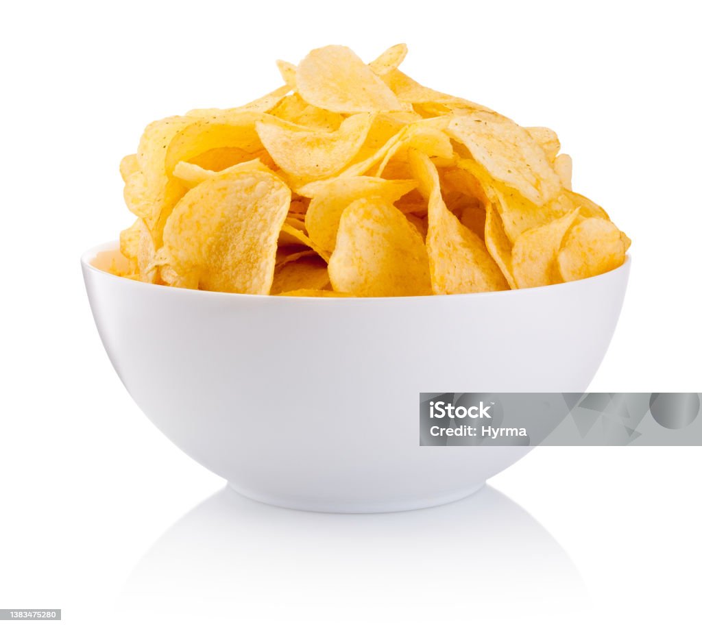 Potato chips in bowl isolated on white background Potato chips in bowl isolated on a white background Potato Chip Stock Photo