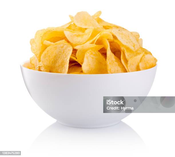 Potato Chips In Bowl Isolated On White Background Stock Photo - Download Image Now - Potato Chip, Bowl, White Background