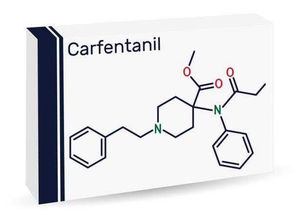 Carfentanil, carfentanyl molecule. It is derivative of fentanyl, one of the most potent opioids, used in veterinary medicine to anesthetize large animals. Skeletal formula. Paper packaging for drugs. Vector illustration Carfentanil, carfentanyl molecule. It is derivative of fentanyl, one of the most potent opioids, used in veterinary medicine to anesthetize large animals. Skeletal formula. Paper packaging for drugs. Vector illustration fentanyl stock illustrations
