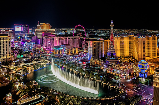 Las Vegas, USA - November 27, 2021  The famous Las Vegas Strip with the Bellagio Fountain. The Strip is home to the largest hotels and casinos in the world.