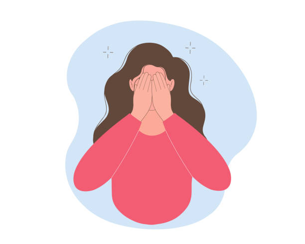 ilustraciones, imágenes clip art, dibujos animados e iconos de stock de una mujer joven esconde su rostro en sus manos. concepto de miedo, vergüenza, fobia social. - avergonzamiento