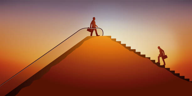 dwóch mężczyzn bierze udział w nierównej rywalizacji o czołową pozycję. - escalator stock illustrations