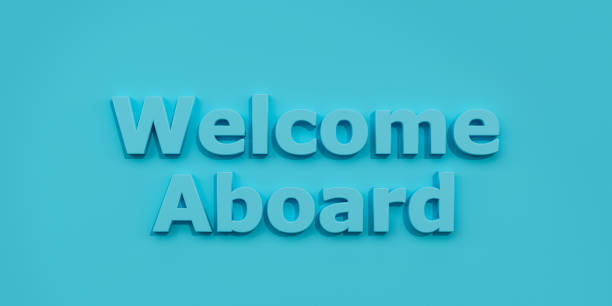 istock Welcome aboard. Blue letters against a blue background. 1383488088