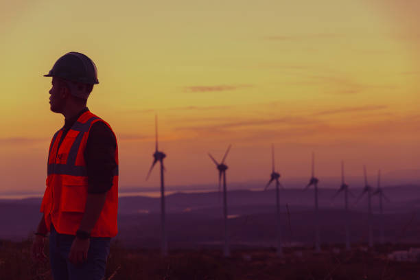 istock Young Electrical Maintenance Worker Looking Wind Turbine Farm at Sunset 1383490880