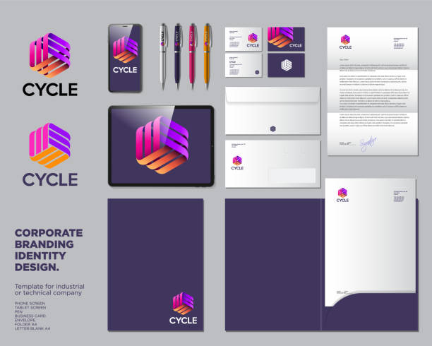 Cycle emblem. Three ribbons, intertwined elements, infinity, looping, rotation. Identity, corporate style. Emblem and corporate style for business, bank, finanse and industry company. presentation folder stock illustrations