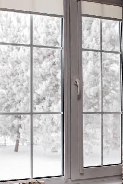 istock Lovely view on snowy trees and ground through large closed house window with white frames. Copy space. Enjoying winter time full of white colors at home 1383493087