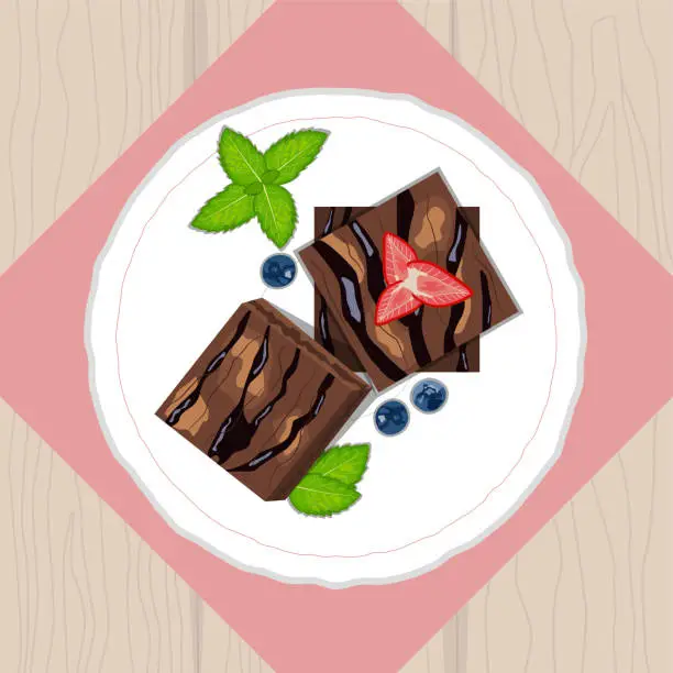 Vector illustration of Brownies cake pieces with strawberries, blueberries and mint on ceramic plate top view