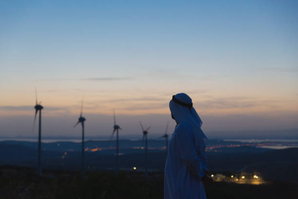 Middle Eastern Businessman in wind turbine farm at sunset. stock photo