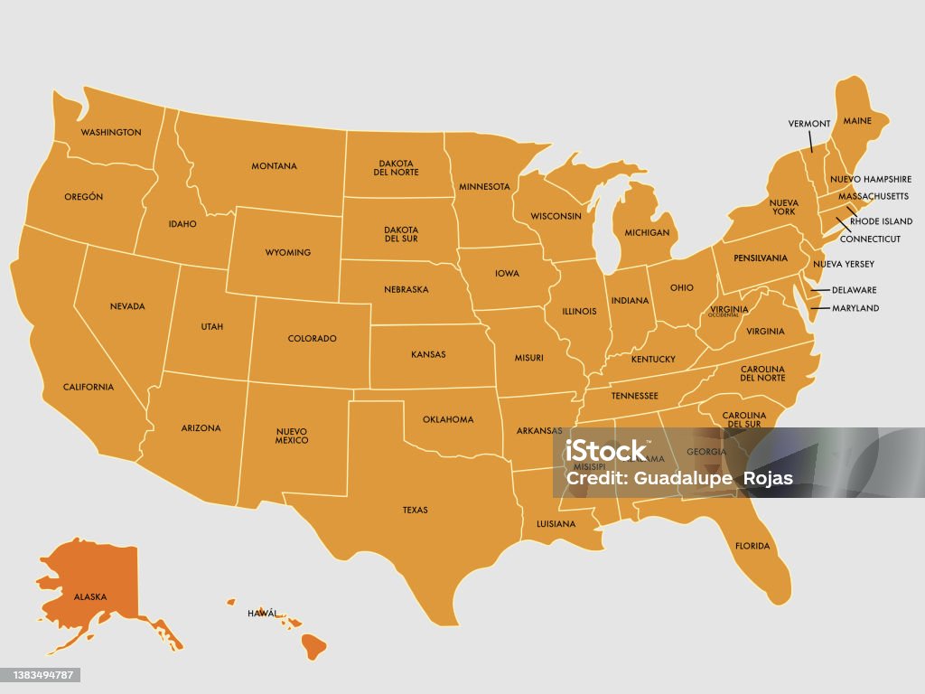Ilustración de Mapa De Estados Unidos De Un Solo Color Con Nombres Sobre Un  Fondo Gris y más Vectores Libres de Derechos de . - iStock