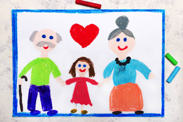 colorful drawing: grandparents day card. smiling grandmother, grandfather and their granddaughter - drawing child childs drawing family imagens e fotografias de stock