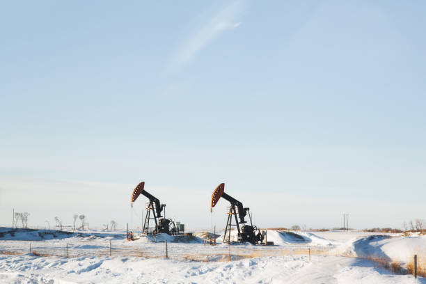 due martinetti per pompe di petrolio greggio nelle praterie - oil pump oil industry prairie field foto e immagini stock