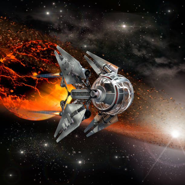 3D rendered manned spacecraft near and exploding planet with a ring of meteorites.