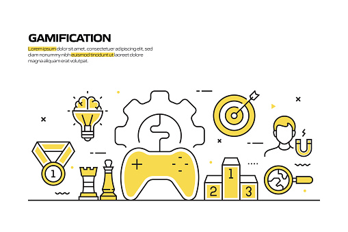 Gamification Concept, Line Style Vector Illustration