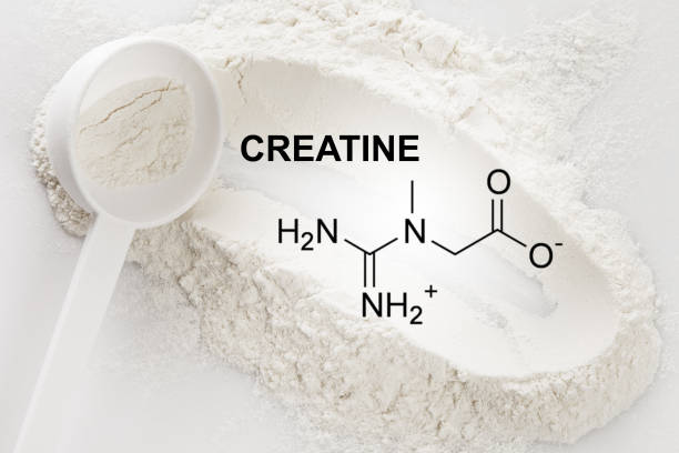 Scoop of creatine monohydrate supplement and chemical formula stock photo