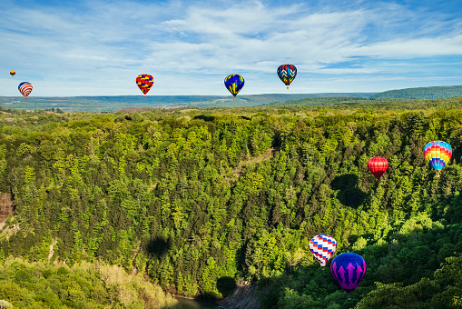 Hot Air Balloons Flying In The Red, White And Blue Balloon Festival At Letchworth State Park In New York