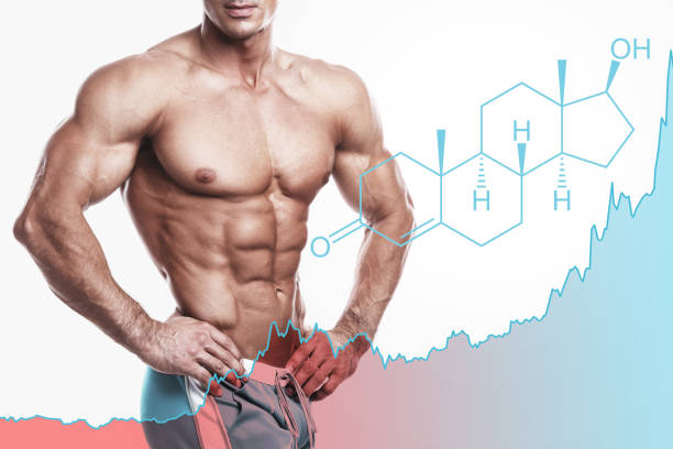 Shredded male torso and testosterone formula. Concept of hormone increasing methods or anabolic steroids usage. stock photo