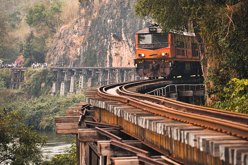 Bridge over the River Kwai Historical Bridge from World War II It was built by prisoners of war as a railway along the cliffs along the River Kwai.