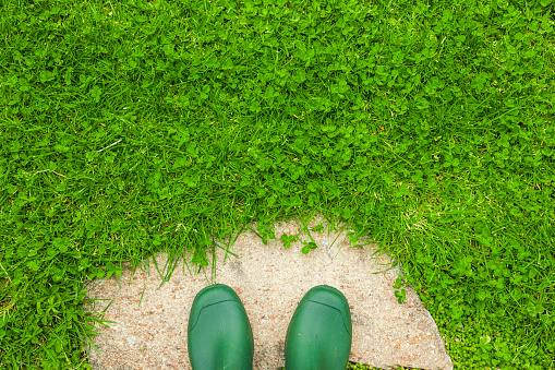 With green rubber boots in the garden