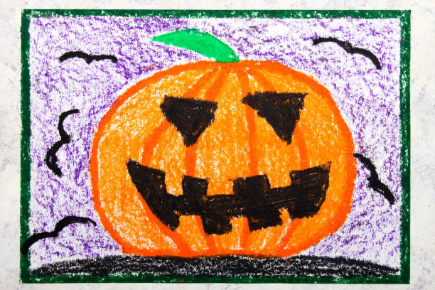 Colorful hand drawing: Scary Hallowen pumpkin. Halloween drawing on white  background Colorful hand drawing: Scary Hallowen pumpkin. Halloween drawing on white  background crayon photos stock pictures, royalty-free photos & images