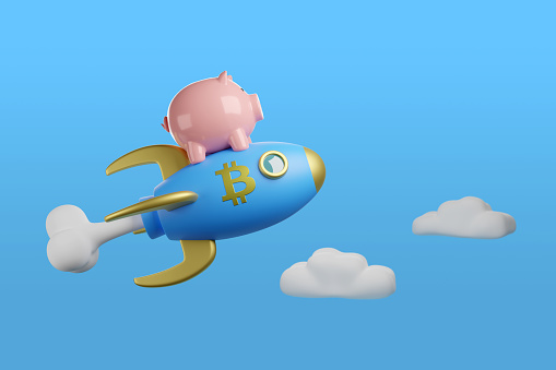 Piggy bank on spaceship with bitcoin sign. 3d illustration.