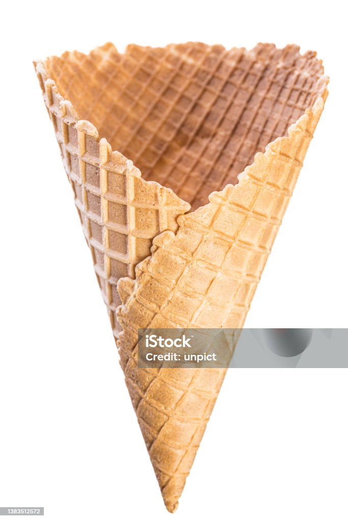 Big empty crispy ice cream waffle cone isolated on white background Food and drink - ice cream: Big empty crispy ice cream waffle cone isolated on white background Ice Cream Cone Stock Photo