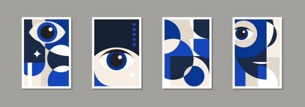 ilustraciones, imágenes clip art, dibujos animados e iconos de stock de carteles abstractos modernos de la bauhaus. plantillas de pinturas de diseño de arte retro suizo minimalista con formas geométricas, ojos. ilustración vectorial en postmodernismo vintage simple para folleto de negocios, certificado - 1920s style illustrations