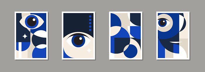 Abstract modern Bauhaus posters. Minimal Swiss retro art design paintings templates with geometric shapes, eyes. Vector illustration in simple vintage postmodernism for business brochure, certificate.