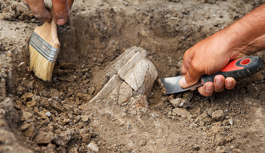 Excavaciones arqueológicas, trabajan arqueólogos, desenterran un antiguo artefacto de arcilla con herramientas especiales photo