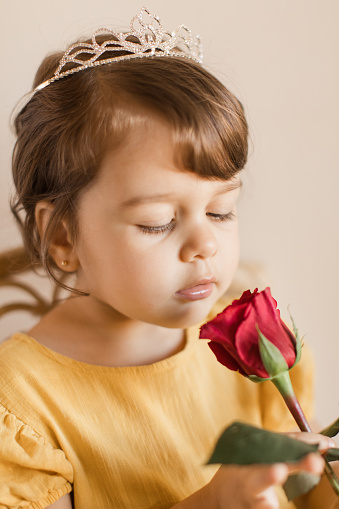 2-Year-Old Toddler Girl Wearing a Yellow-Colored Dress & a Tiara Looking At a Red Rose