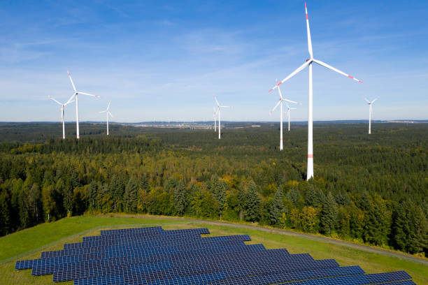Solar and Wind Power Plant, Aerial View stock photo