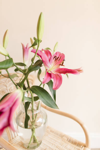 istock Pink Easter Lilies in a Glass Vase with a Cream-Colored Background 1383519542