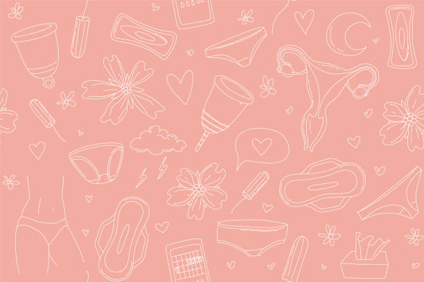 kobiety miesiączki miesiączki bezszwowe majtki wzór, poduszki, tampony, kubeczek menstruacyjny - menstruation stock illustrations