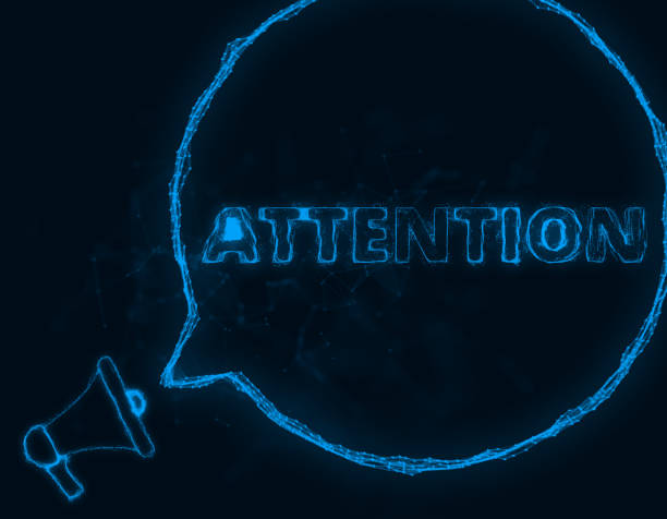 istock Megaphone banner with speech bubble and text attention. Plexus style of blue glowing dots and lines. Abstract illustration 1383521789