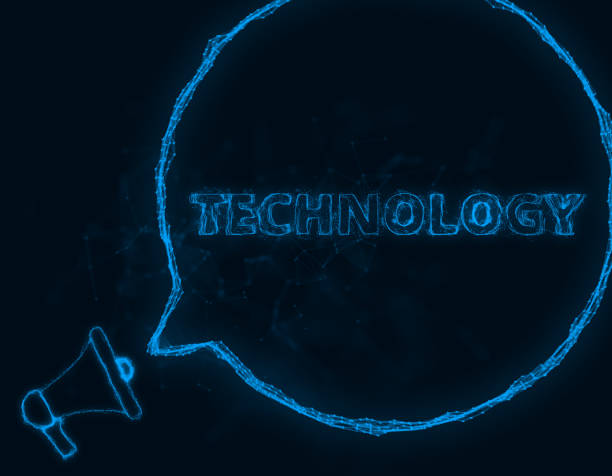 istock Megaphone banner with speech bubble and text technology. Plexus style of blue glowing dots and lines. Abstract illustration 1383521813
