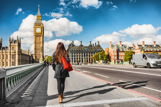 ロンドン市都市ライフスタイル観光客の女性が歩いています。早朝にウェストミンスター橋の通りで働くビジネスウーマン通勤。ヨーロッパ旅行先、イギリス、イギリス、イギリス - travel destinations outdoors tourist uk ストックフォトと画像