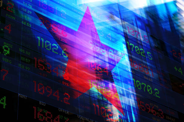 istock Red Star with Financial Buildings and Trading Data 1383525021
