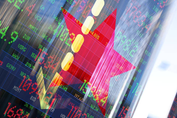 istock Red Star with Financial Buildings, Graphic Arrow and Trading Data 1383525126