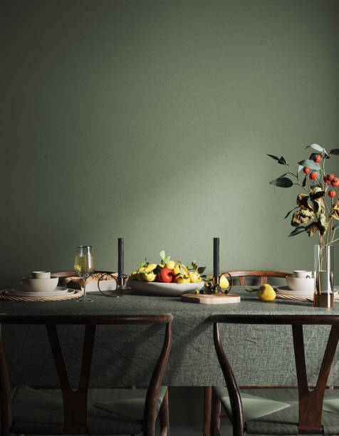 istock Blank wall in cozy dark dining room interior 1383525504