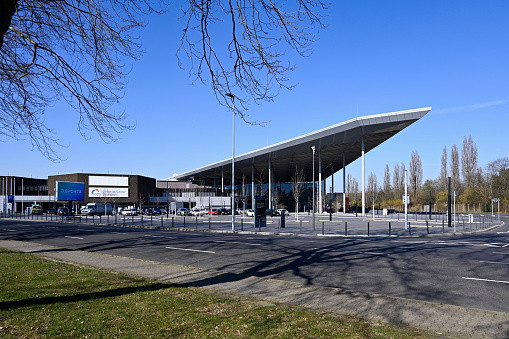 Duesseldorf, Germany, March 9, 2022 - Entrance to the Congress Center Duesseldorf (CCD) at the south entrance of the Duesseldorf exhibition grounds