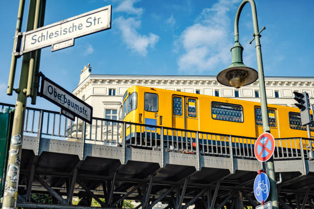 low angle view on yellow metro train on ion elevated subway track in Berlin Kreuzberg against blue sky