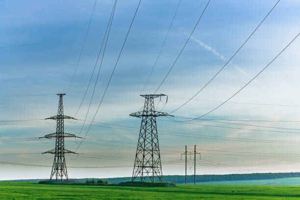 High-voltage power lines. Electricity distribution station. high voltage electric transmission tower stock photo