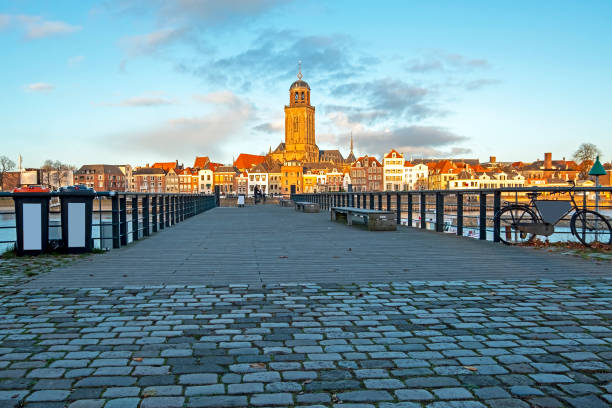 City scenic from Deventer with the Lubinius church in the Netherlands stock photo