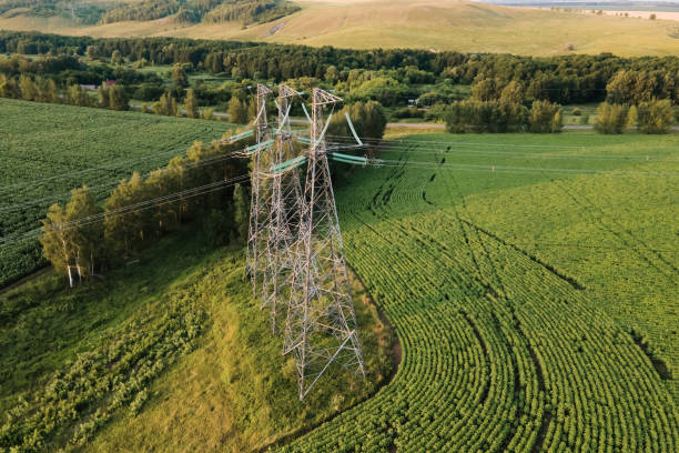 istock Transmission tower, high voltage pylons, power transmission lines. 1383529286