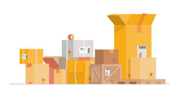 cardboard boxes cardboard boxes on warehouse. wood box stock illustrations