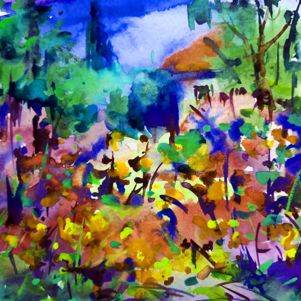 istock Watercolor colorful bright textured abstract background handmade . Mediterranean landscape . Painting of architecture and vegetation of the town of the sea coast in Ukraine 1383532450
