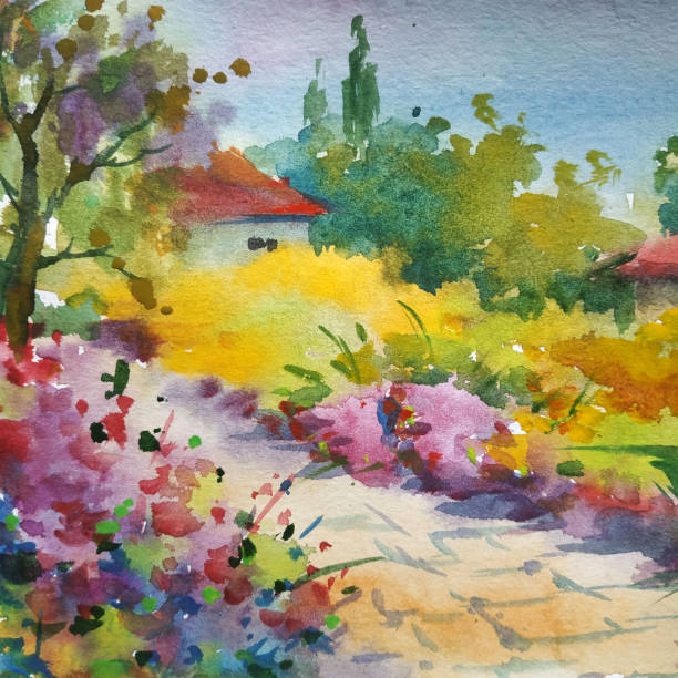 istock Watercolor colorful bright textured abstract background handmade . Mediterranean landscape . Painting of architecture and vegetation of the town of the sea coast in Ukraine 1383532624