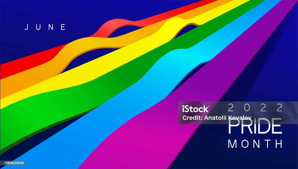 LGBTQ Pride Month 2022. Colored label on rainbow flag background. Human rights or diversity concept. LGBT event banner design, the rainbow is heading up. Vector isolated on black background. LGBTQIA Pride Month stock vector