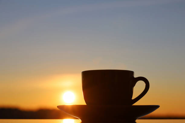 istock Silhouette of coffee or tea cup on sunset sky background 1383533683