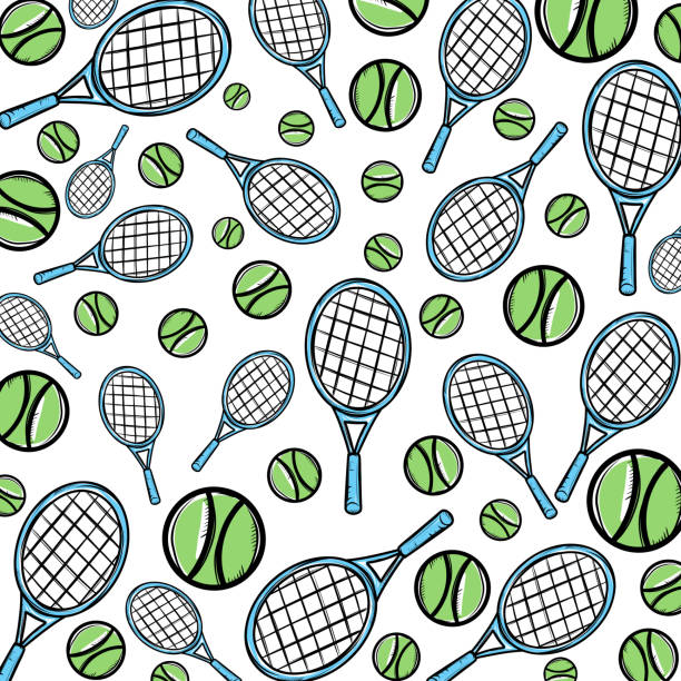 illustrations, cliparts, dessins animés et icônes de raquette de tennis et balle dessinées à la main. motif sans couture - tennis club