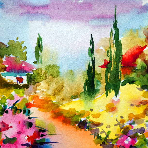 istock Watercolor colorful bright textured abstract background handmade . Mediterranean landscape . Painting of architecture and vegetation of the town of the sea coast in Ukraine 1383534147